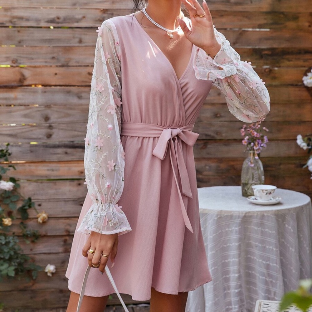 Boho Pink Floral Embroidered Sheer Sleeve Dress - Picture 2 of 5